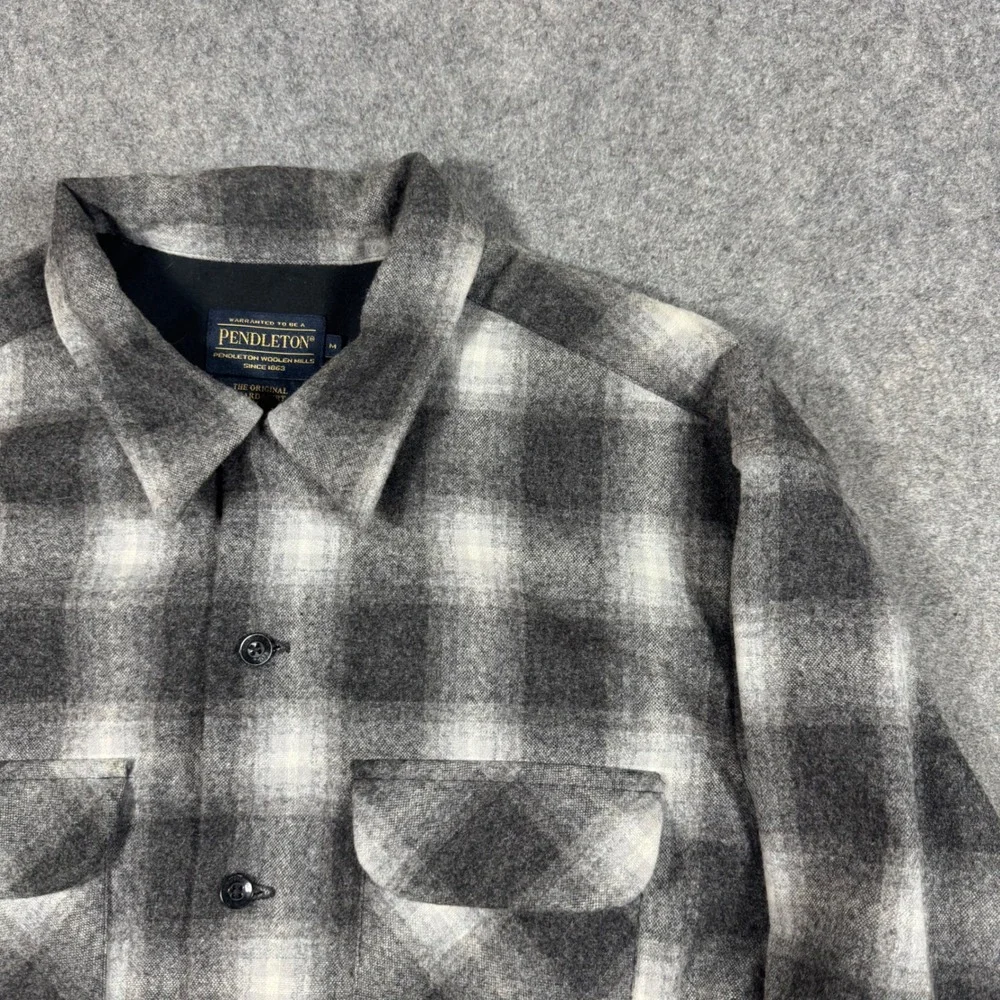 Pendleton Board Shirt Mens M Grey Black Shadow Plaid 100% Virgin Wool 1957